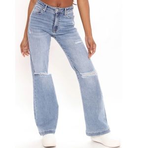 Distressed Wide Leg Jeans - Medium Blue Wash